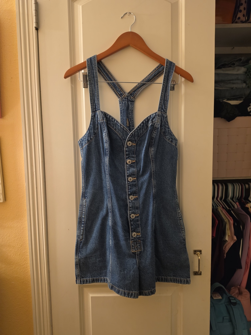 American Eagle Outfitters Blue Denim Button-Front Romper